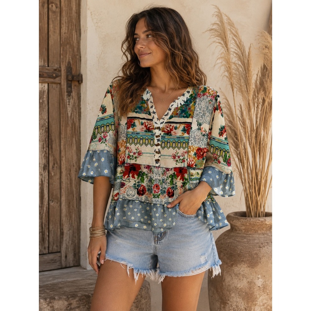 John Mark Mixed Media Floral Patchwork Ruffle Blouse Top Blue Multi Size M